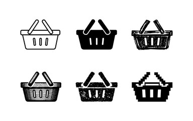 Collection of shopping basket icons in various styles and textures for e-commerce