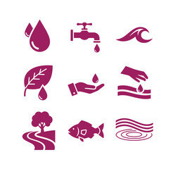 Collection of purple icons representing water conservation and ecology concepts
