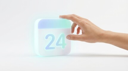 calendar, date, schedule, planning, 24, time, business concept showing a hand touching a 3D digital icon for organization and deadline management on a clean white background.