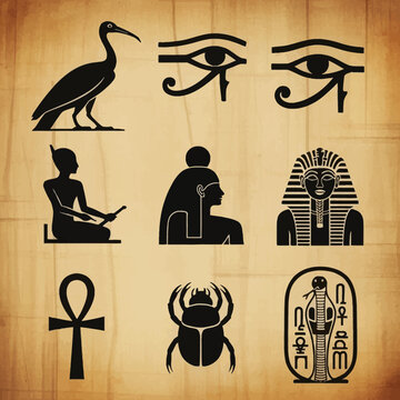 Ancient Egyptian hieroglyphics vector icon set: Eye of Horus, Ankh, Scarab, Pharaoh, Ibis, Gods, Cartouche on papyrus texture background