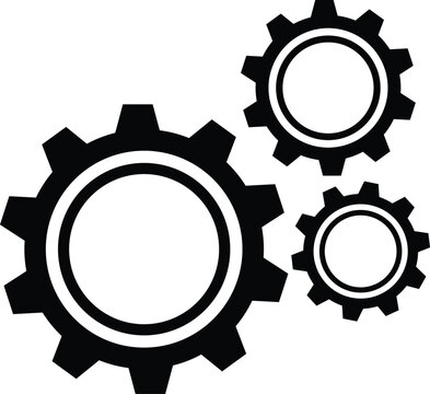 Three black interlocking gears on a white background representing mechanics machinery industrial