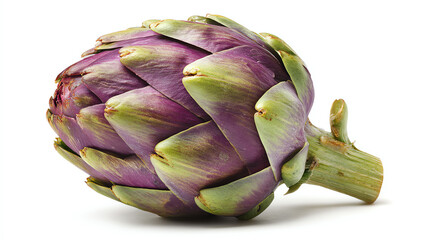Obraz premium A fresh artichoke on a white background, showcasing its vibrant purple and green hues for culinary inspiration.