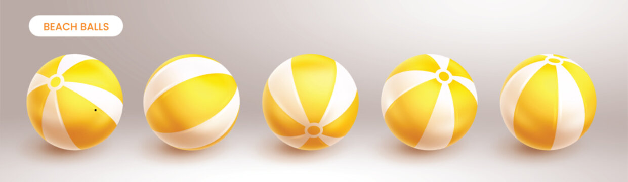 Yellow and white striped beach ball set in different angles for summer activities. Realistic 3D inflatable toy collection for pool party and holiday design. Vector illustration.