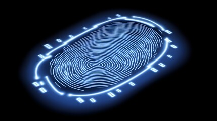 Glowing blue digital fingerprint scan illuminates on a dark background for security verification