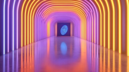 Fluorescent lighted tunnel interior displays a glowing biometric symbol at the far end