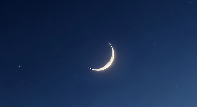 Crescent moon with subtle stars on a deep blue night sky, peaceful atmosphere and minimalist composition, elegant stock background suitable for calm, celestial, or Islamic themes.