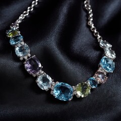 Luxury gemstone and diamond jewelry set displayed on a black fabric background. AI generated image