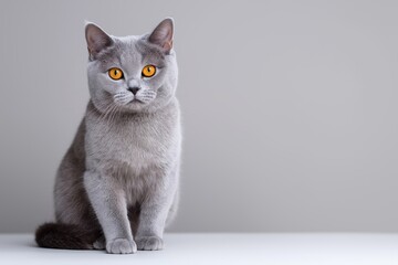 Obraz premium Minimalist studio photography of a British Shorthair cat sitting calmly on a neutral background with soft diffused lighting emphasizing plush fur texture