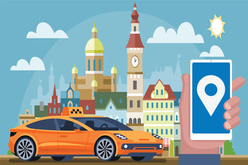 Fototapeta premium modern flat vector illustration of an online taxi booking service. The image features a bright orange taxi car parked in front of a bustling city skyline with skyscrapers and a clear blue sky.