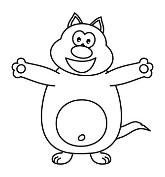 Cat standing with arms open in black and white outline for coloring - vector