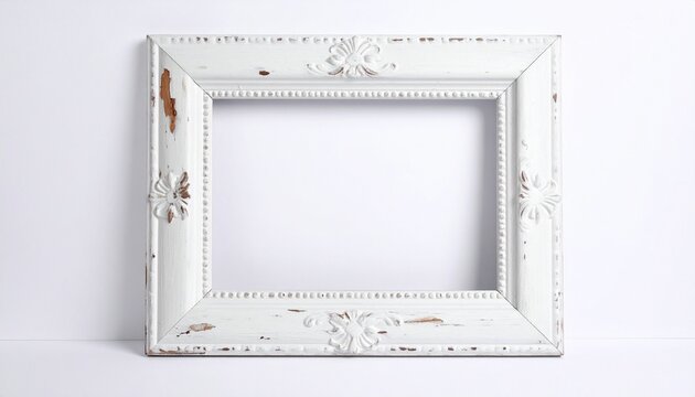 Ornate empty rectangular picture frame mounted on white wall, intricate decorative carvings with floral and scroll motifs along edges, painted white blending seamlessly with background, minimal compos