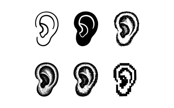 Collection of six diverse ear icons representing different artistic styles and digital formats