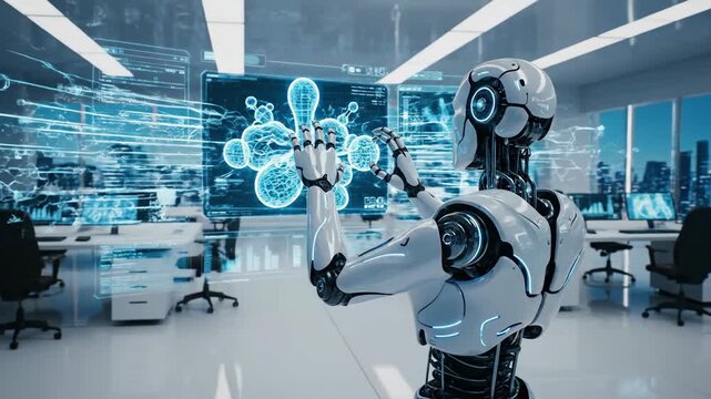 Over-the-shoulder view of robot manipulating holographic cube. Futuristic android analyzing digital data burst and virus network. Cyber technology and virtual interface in modern office.