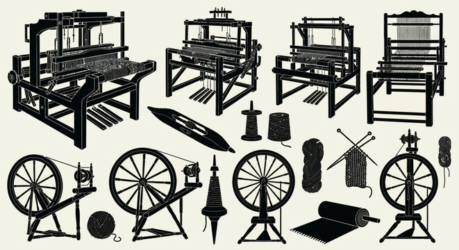 Vintage weaving and spinning tools vector silhouette set: loom, spinning wheel, shuttle, thimble, knitting needles, yarn, isolated on white