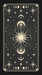 Magical card for astrology, tarot. Frame in a bohemian design, moon phases, sun, stars, copy space. Magic vector illustration