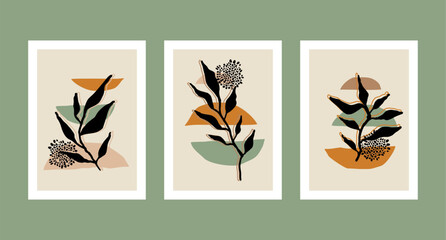 Set of three botanical illustrations in minimalist style for poster, t-shirt print, cover, banner. Printable herbs. Scandinavian style.