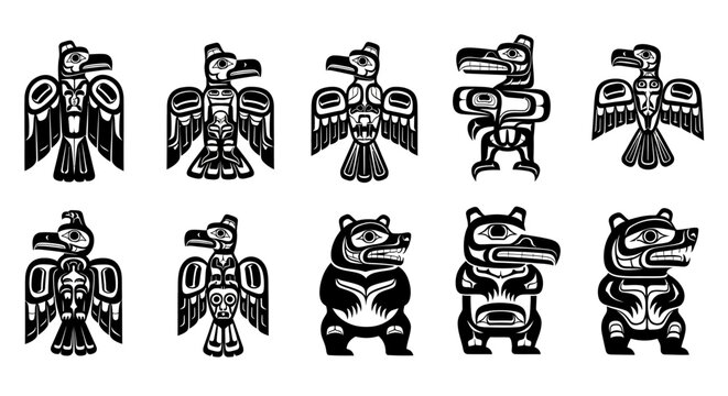 Vector set of Pacific Northwest tribal art animals: eagles, ravens, bears in black and white, isolated on white