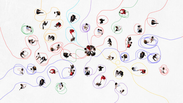 Creative collage of business teams connected by multicolor paths. Concept of workflow diversity, cross functional processes, collaboration mapping, project coordination and organizational dynamics.