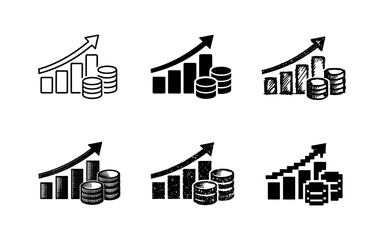 Obraz premium Collection of six financial growth charts with rising arrows and stacks of coins