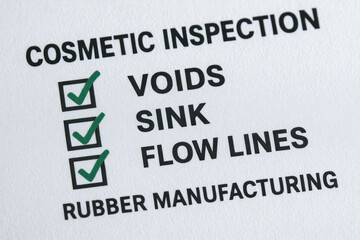 Fototapeta premium Cosmetic inspection voids sink flow lines rubber manufacturing checklist with green checkmark indicating quality control and defect assessment