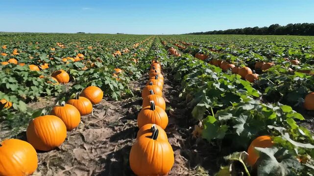 Vibrant orange pumpkins line the long, receding rows of a sunny autumn farm field, captured in an expansive wide-angle shot under a clear blue sky.