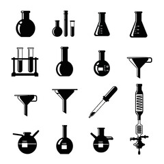 Vector black silhouette icons of various laboratory glassware including beakers, flasks, test tubes, funnels, and a dropper, isolated on a transparent background.
