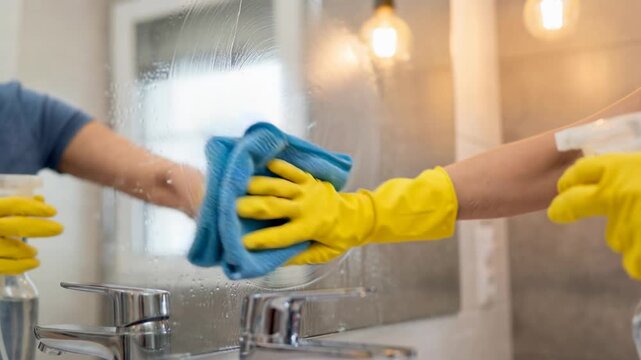 Household cleaning tasks with a person wearing yellow gloves cleaning a bathroom mirror and spraying cleaner.