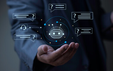 Businessman presenting AI chatbot with question mark speech bubbles and headset icon. Concept of customer service automation, answering FAQs, and smart support.
