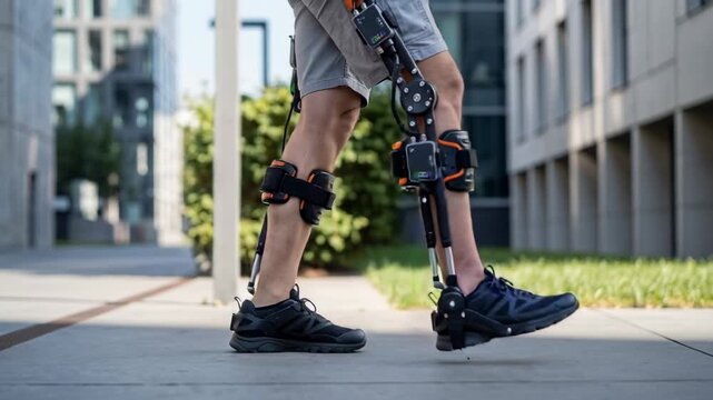 Advanced robotic exoskeleton supporting assisted walking and lower limb rehabilitation to a person in an urban environment.