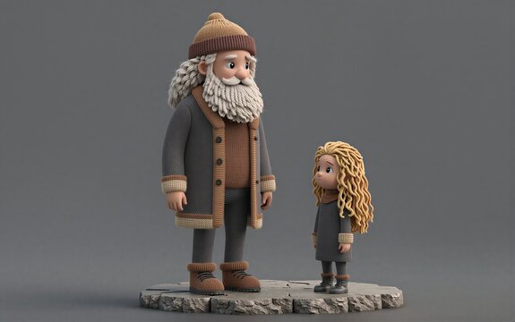 Grandpa and granddaughter stand together, cozy knitted outfits, warm winter scene.