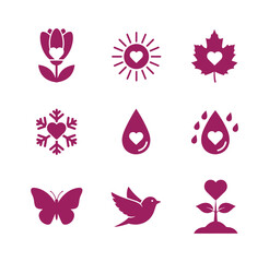 Set of purple icons with hearts and nature symbols on white background