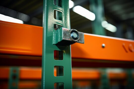 Pallet racking system showing green upright and orange cross beam connection