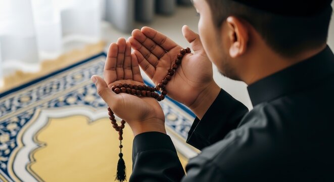 A devout muslim man raises his hands in prayer, holding rosary beads during a personal spiritual moment. illustration