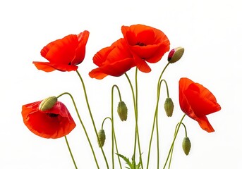 Obraz premium A vibrant cluster of red poppies with delicate petals and slender green stems against a white background