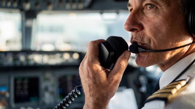 Commercial airline pilot making a radio call from the cockpit during flight operations.
