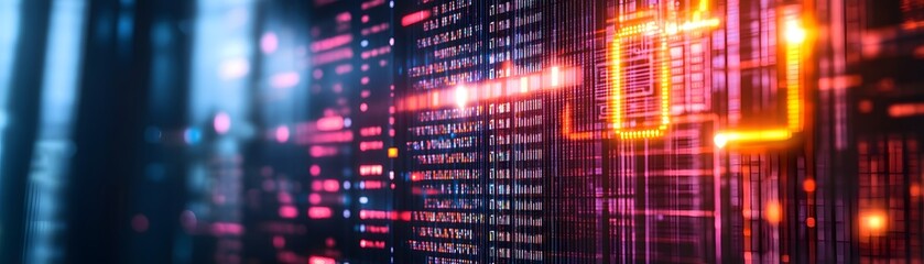 Glowing digital code scrolls across a dark background with vibrant illumination