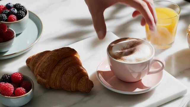 Womans hand picks raspberries from bowl then grabs croissant and orange juice glass in top-down breakfast scene. Morning meal sequence with pink saucer cappuccino on light table for healthy eating