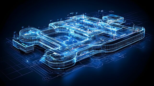 Glowing digital schematic of a complex architectural structure hovers above a dark background