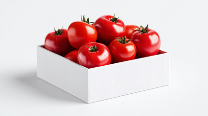 Fresh, ripe tomatoes arranged neatly in a clean, white box. Perfect for showcasing vibrant produce.