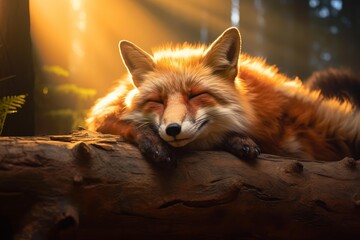 Naklejka premium Red fox resting eyes closed on a fallen tree trunk with golden sunbeams in a forest