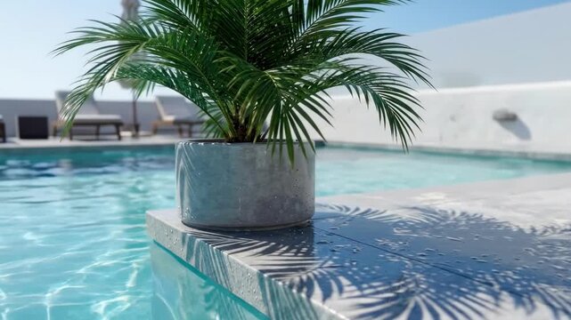 A serene poolside scene featuring a lush potted palm casting shadows on the water's edge, with a bright blue sky above and lounge chairs in the background