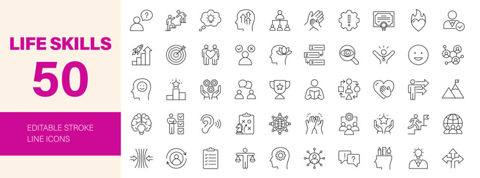 Life skills icon set. Editable line icons. Vector illustration.