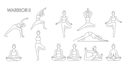Obraz premium Illustration of various yoga poses and mountain landscape in a minimalist style