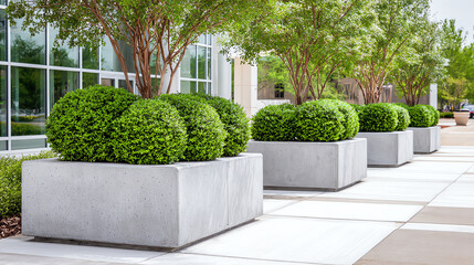 Stylish round shrubs in modern concrete planters enhance the beauty of a contemporary building landscape.
