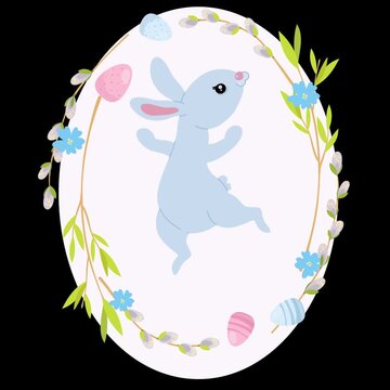 Cute blue bunny and willow branches animation for Easter holiday. 