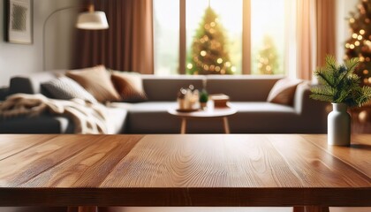 warm wooden table top in cozy living room with inviting atmosphere and soft textures