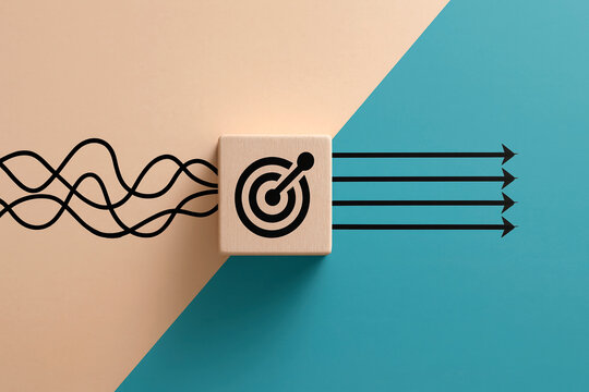 From Chaos to Clarity: Tangled Lines &rarr; Target Goal &rarr; Straight Arrows Success Strategy Bipartite Background Beige Teal Minimalist Conceptual