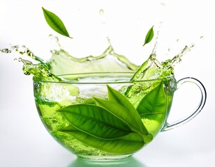 green tea leaves in green tea splash on white background food levitatio