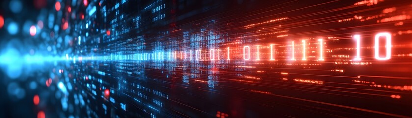 Digital data stream composed of glowing binary code flows rapidly through a futuristic tunnel