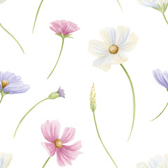 Watercolor spring flowers seamless pattern in pastel pink, purple and white. Hand drawn cosmos wildflowers repeat background with blooming plants for summer wedding designs. Floral wallpaper © Elena Malgina